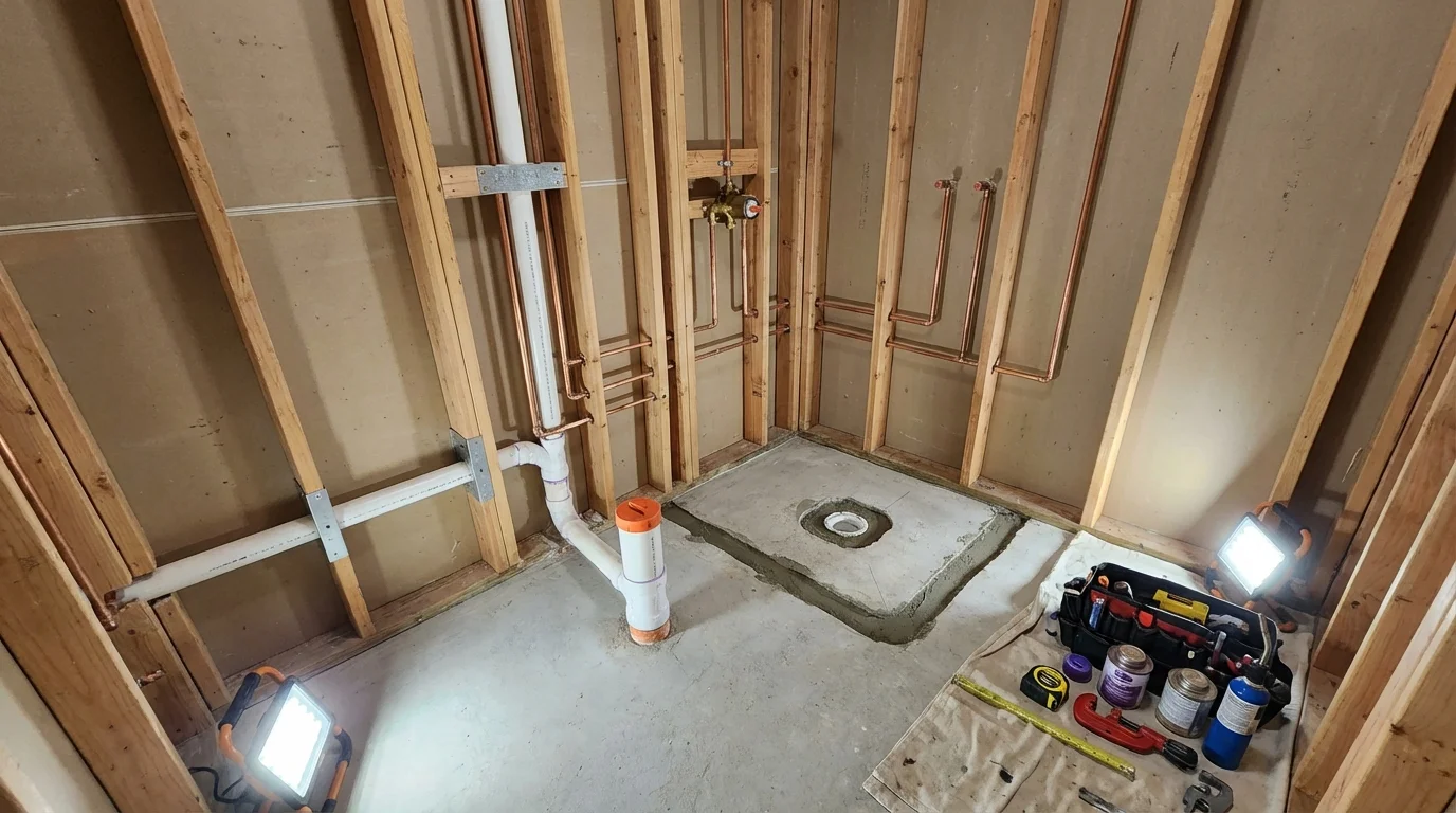 Bathroom rough-in plumbing during remodel by Johns Plumbing LLC in Ambler