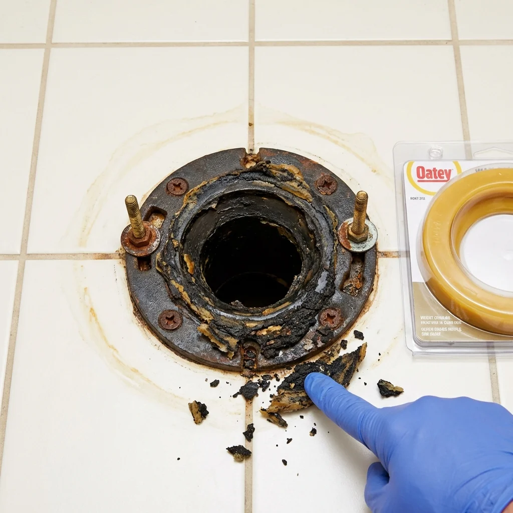 Failed wax ring showing water seepage at the base of a toilet in a Ambler, PA home