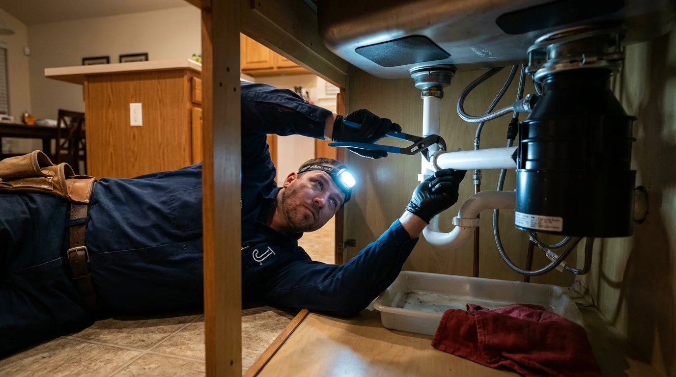 P-trap and supply line connections under a kitchen sink showing a common leak point in Ambler, PA
